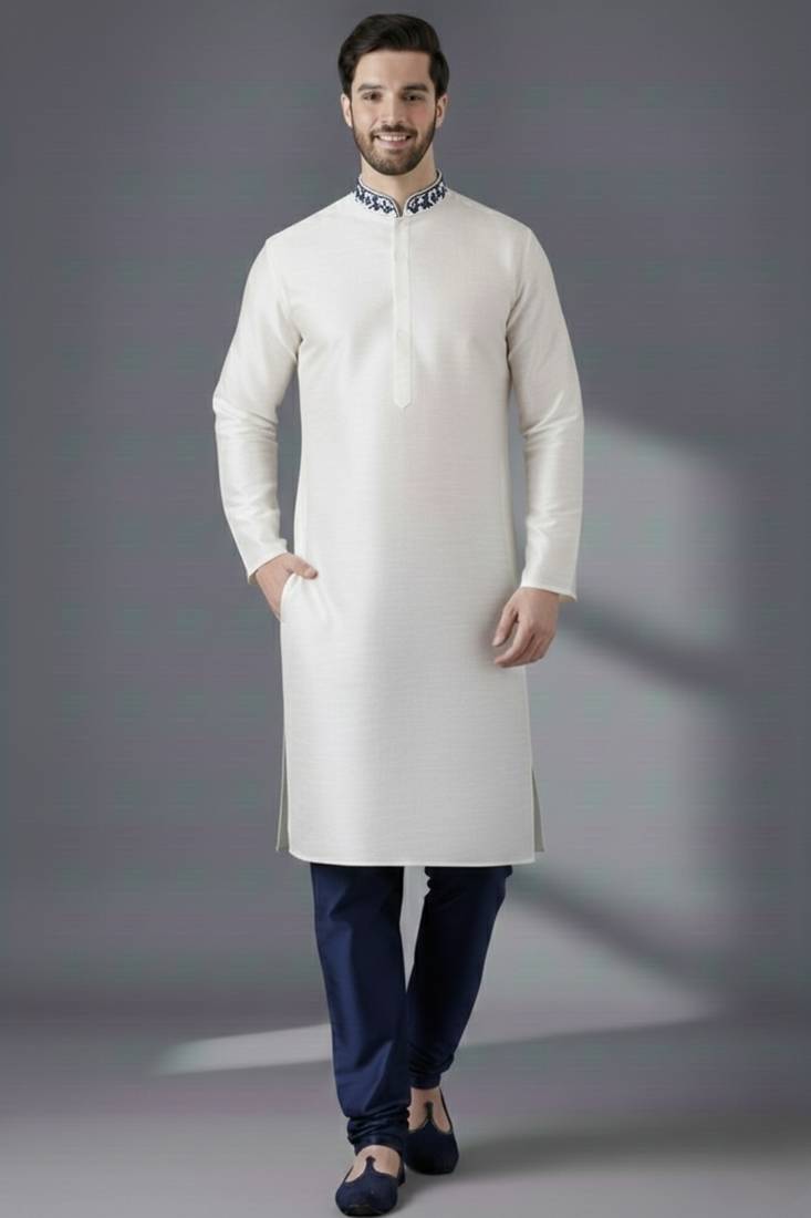 White embroidered dupion silk kurta set