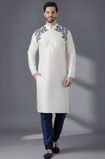 White embroidered dupion silk kurta set