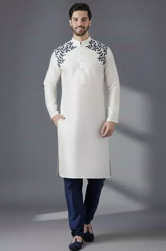 White embroidered dupion silk kurta set
