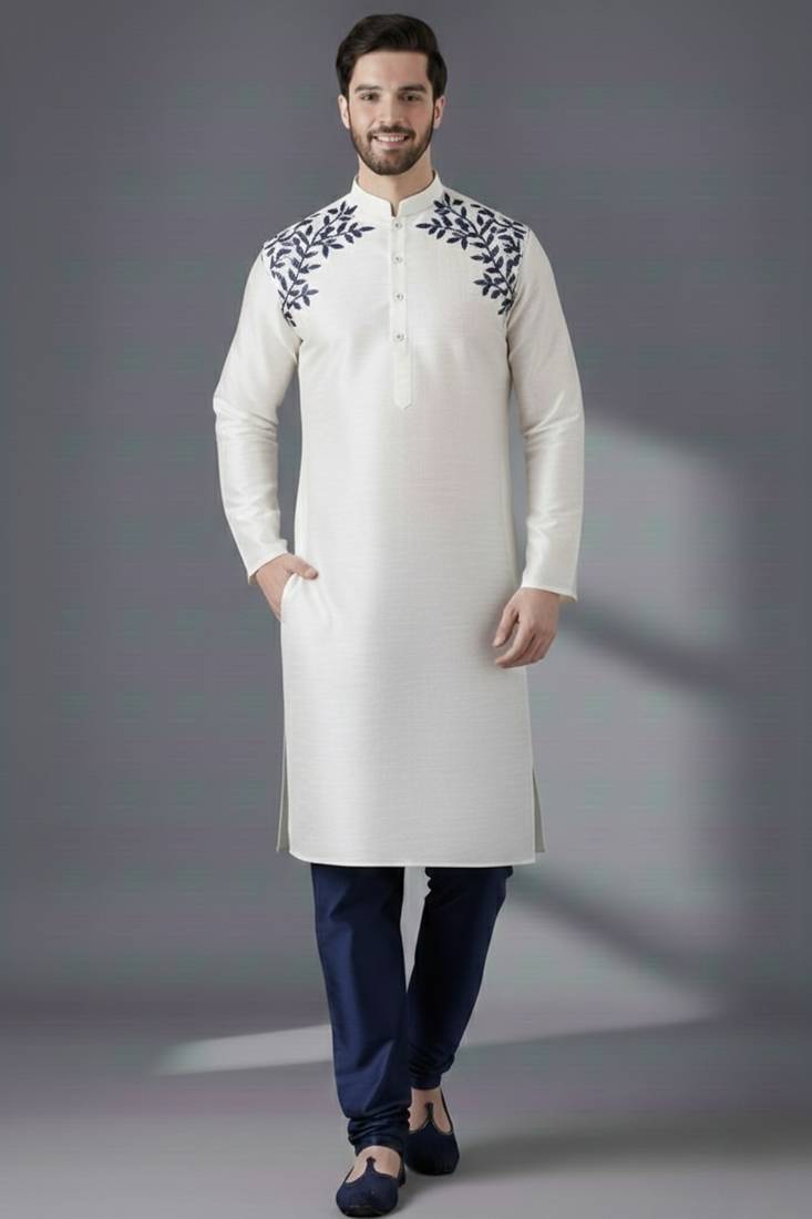 White embroidered dupion silk kurta set