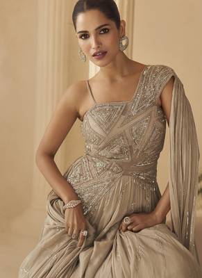 Beige chinon silk embroidered  trendy wedding look stylish gown 2