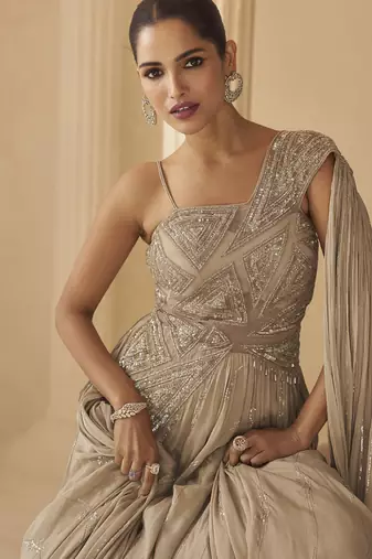 Beige chinon silk embroidered  trendy wedding look stylish gown