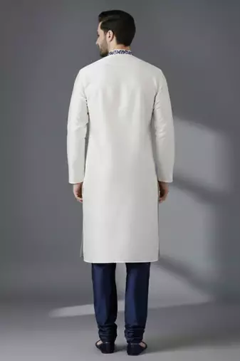 White embroidered dupion silk kurta set