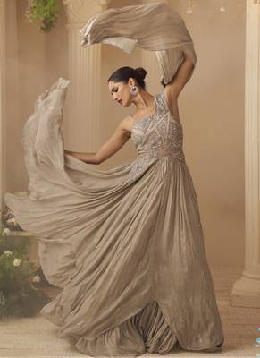 Beige chinon silk embroidered  trendy wedding look stylish gown 3