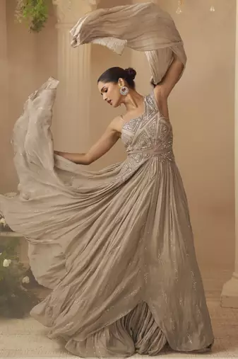 Beige chinon silk embroidered  trendy wedding look stylish gown