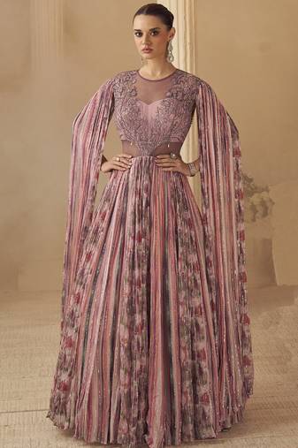 Onion pink chinon silk embroidered trendy wedding look stylish gown