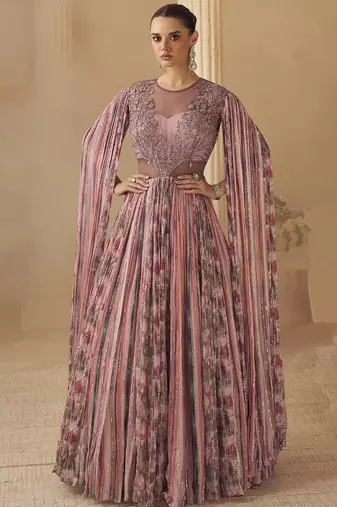 Onion pink chinon silk embroidered trendy wedding look stylish gown