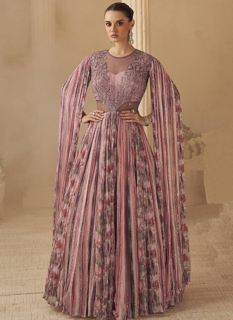 Onion pink chinon silk embroidered trendy wedding look stylish gown