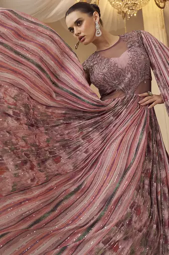 Onion pink chinon silk embroidered trendy wedding look stylish gown