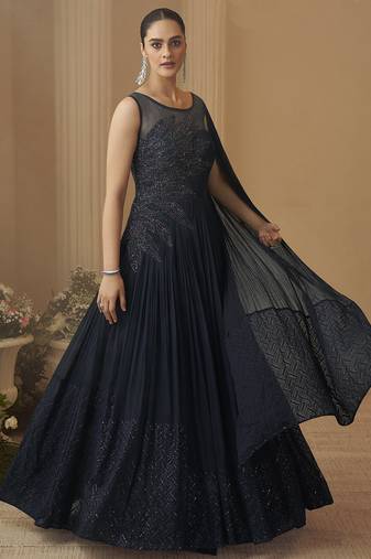 Deep navy blue chinon silk embroidered trendy wedding look stylish gown