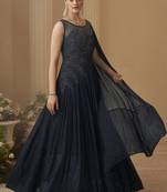Deep navy blue chinon silk embroidered trendy wedding look stylish gown
