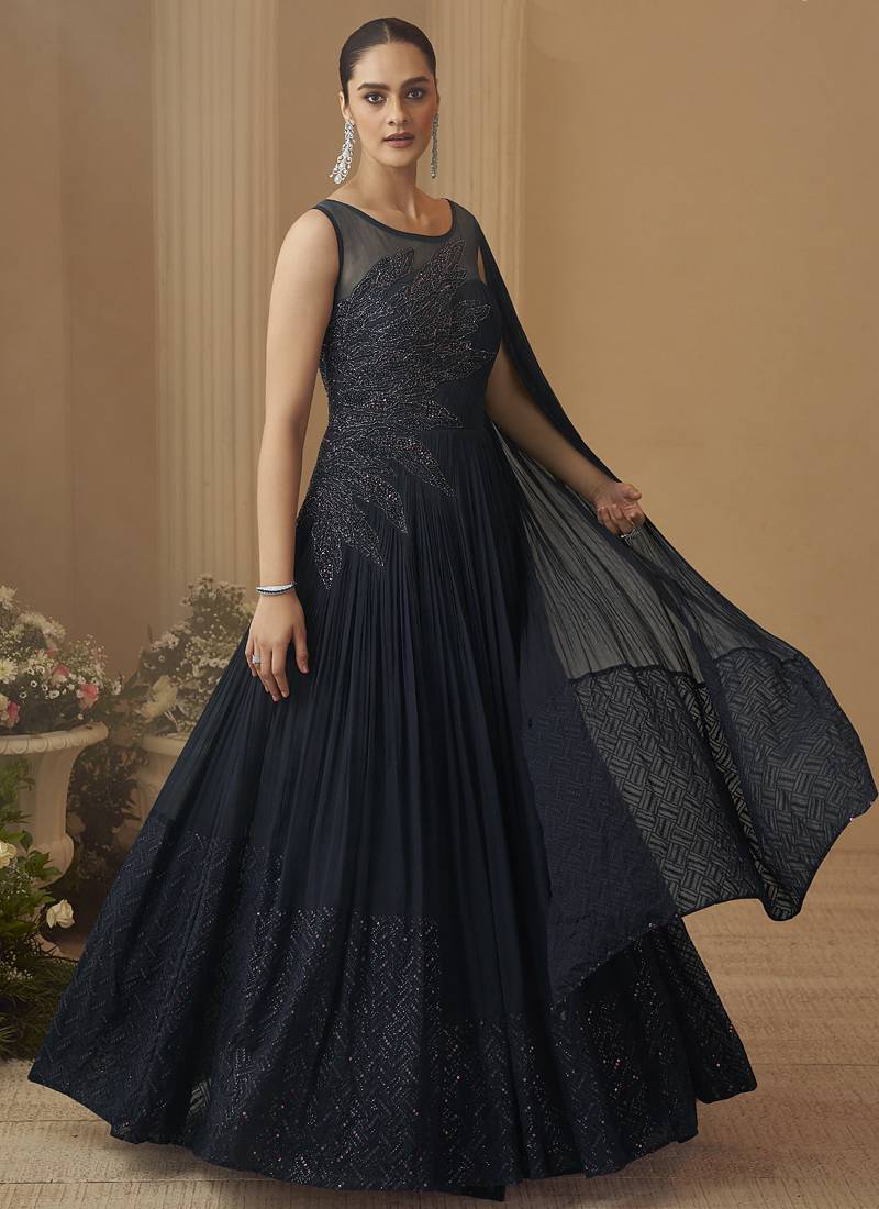 Deep navy blue chinon silk embroidered trendy wedding look stylish gown
