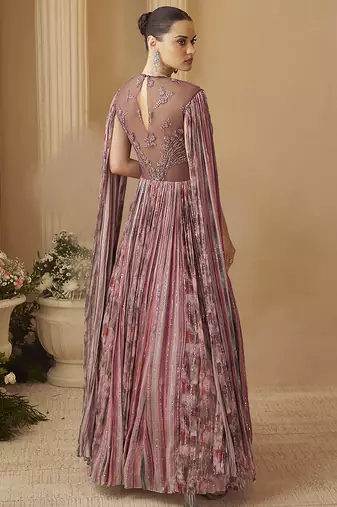 Onion pink chinon silk embroidered trendy wedding look stylish gown