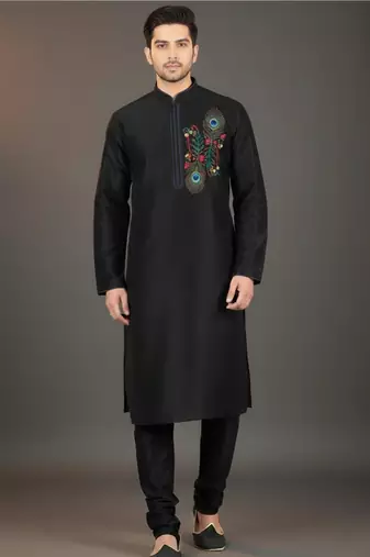 Black embroidered dupion silk kurta set