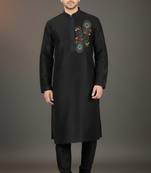 Black embroidered dupion silk kurta set