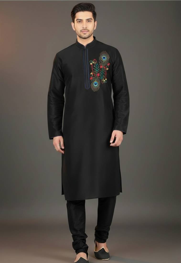 Black embroidered dupion silk kurta set