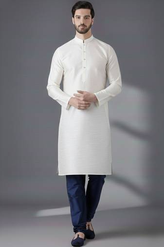 White embroidered dupion silk kurta set