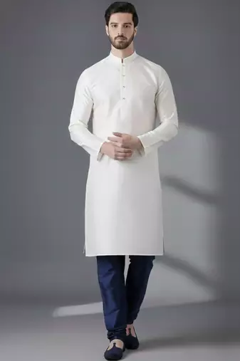 White embroidered dupion silk kurta set