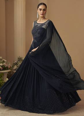 Deep navy blue chinon silk embroidered trendy wedding look stylish gown 2