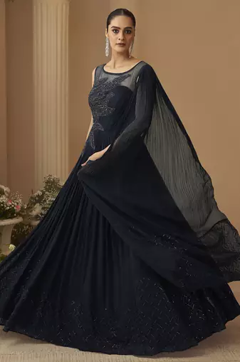 Deep navy blue chinon silk embroidered trendy wedding look stylish gown