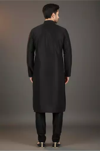 Black embroidered dupion silk kurta set