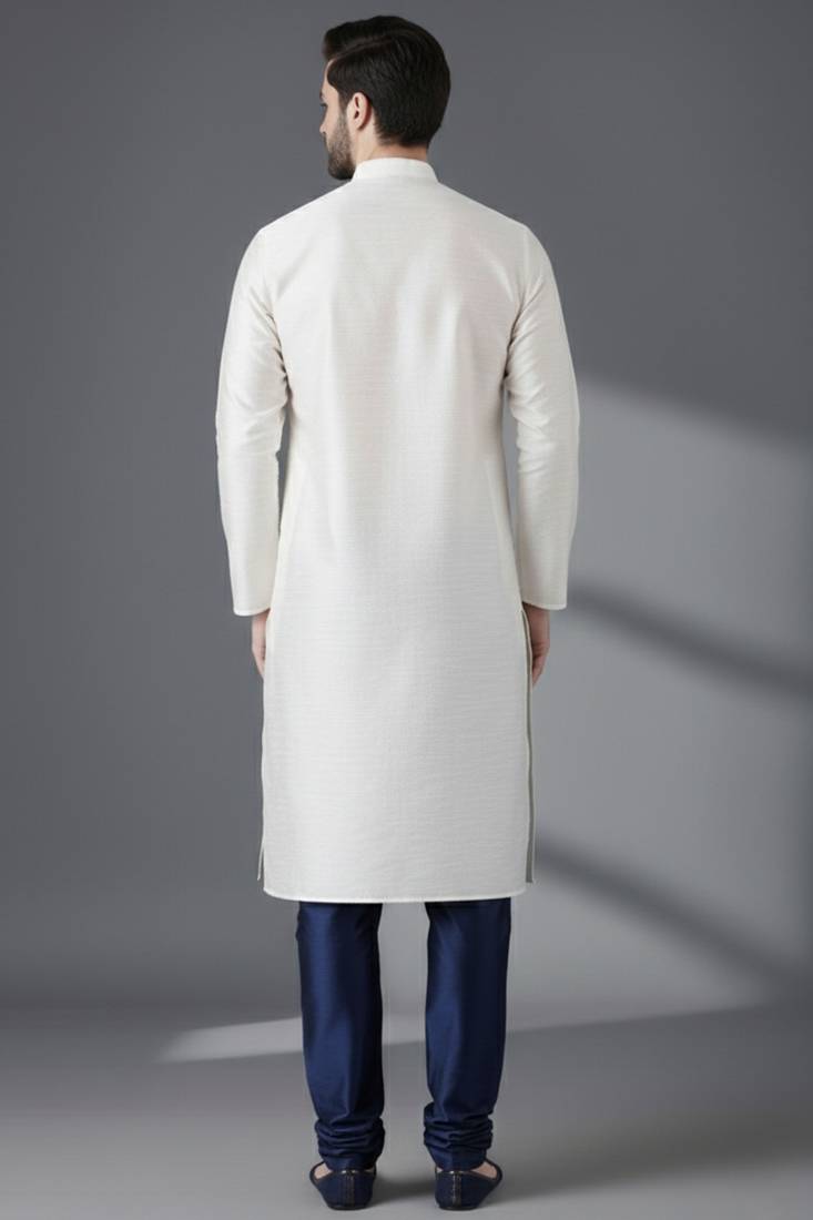 White embroidered dupion silk kurta set