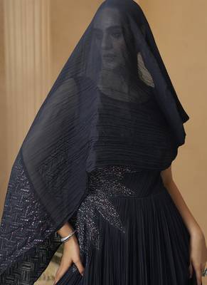 Deep navy blue chinon silk embroidered trendy wedding look stylish gown 3