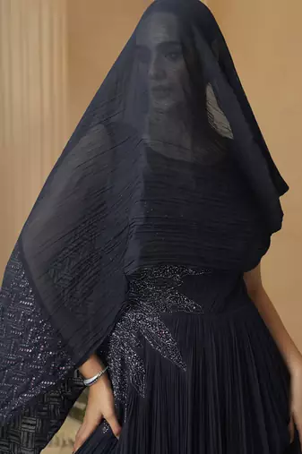 Deep navy blue chinon silk embroidered trendy wedding look stylish gown
