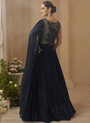 Deep navy blue chinon silk embroidered trendy wedding look stylish gown 4