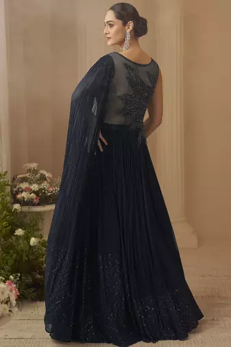 Deep navy blue chinon silk embroidered trendy wedding look stylish gown