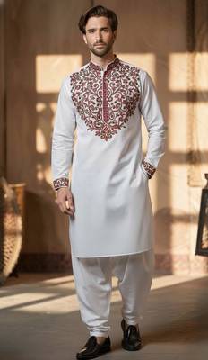 White embroidered cotton kurta set 1