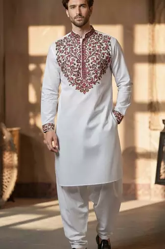 White embroidered cotton kurta set