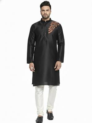 Black embroidered dupion silk kurta set 1