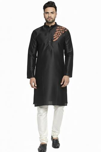 Black embroidered dupion silk kurta set