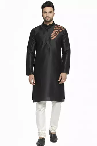 Black embroidered dupion silk kurta set