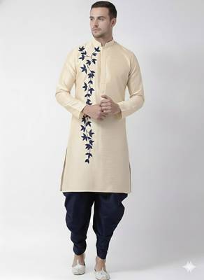 Light golden embroidered dupion silk kurta set 1