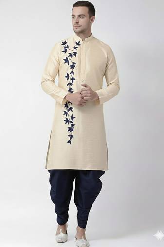 Light golden embroidered dupion silk kurta set