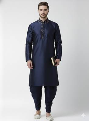 Navy embroidered dupion silk kurta set 2