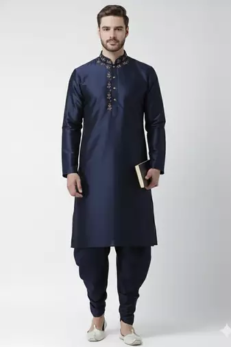 Navy embroidered dupion silk kurta set