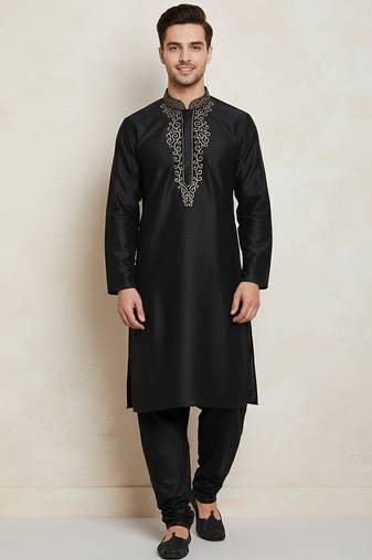 Black embroidered cotton kurta set