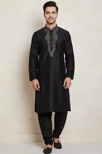 Black embroidered cotton kurta set