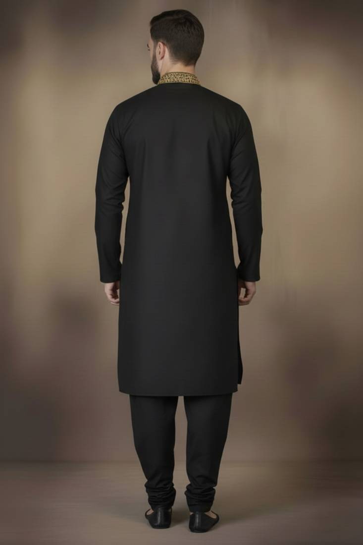 Black embroidered cotton kurta set