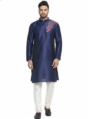 Navy embroidered dupion silk kurta set 1