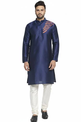 Navy embroidered dupion silk kurta set