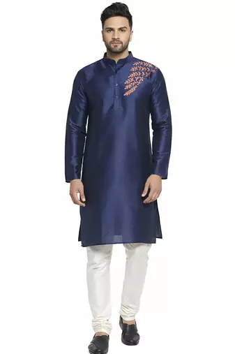 Navy embroidered dupion silk kurta set