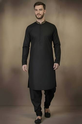 Black embroidered cotton kurta set