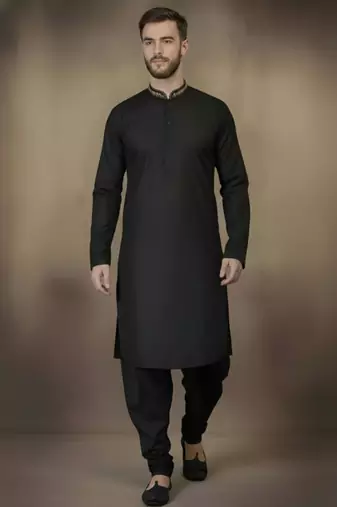 Black embroidered cotton kurta set