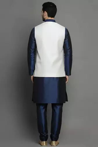 White-navy dupion silk kurta set