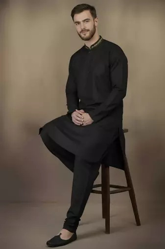 Black embroidered cotton kurta set