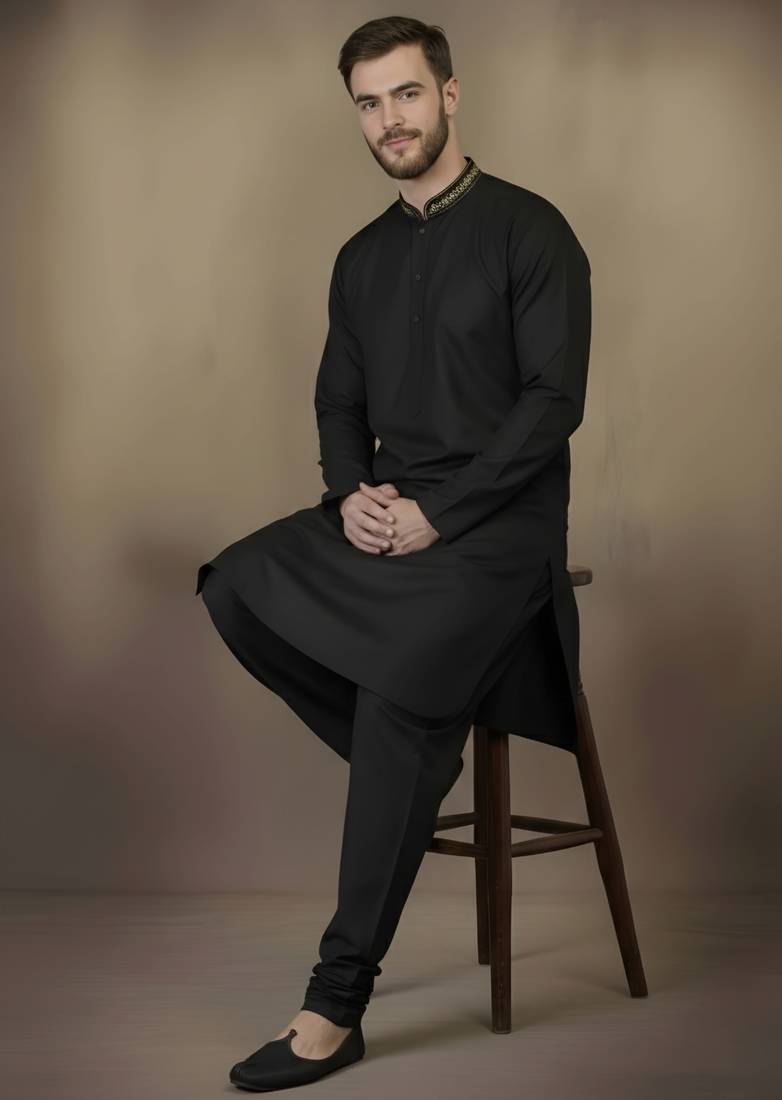 Black embroidered cotton kurta set